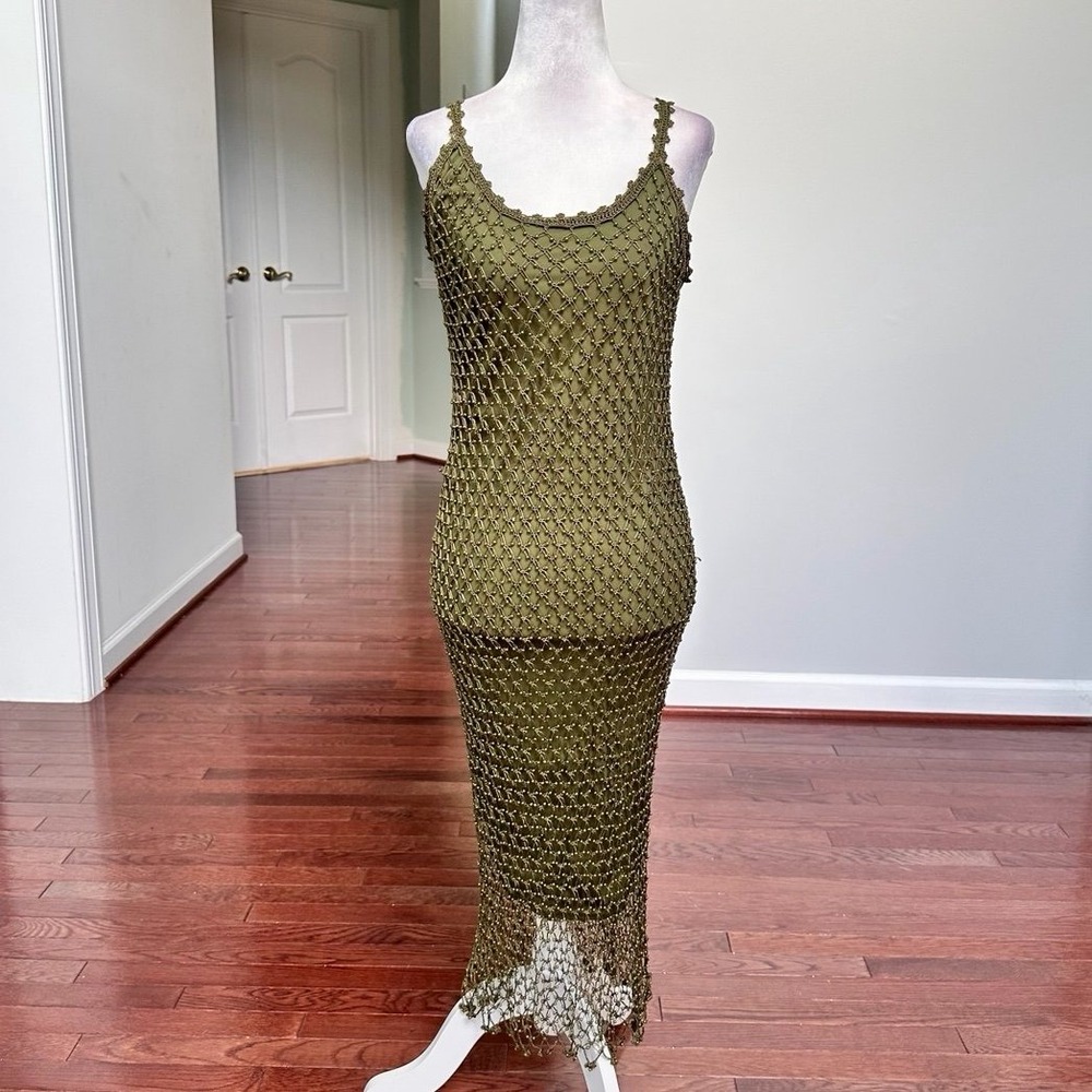L'Pogee Army Green Beaded Crochet Plunge Slip Fringe Netting Maxi Dress Small